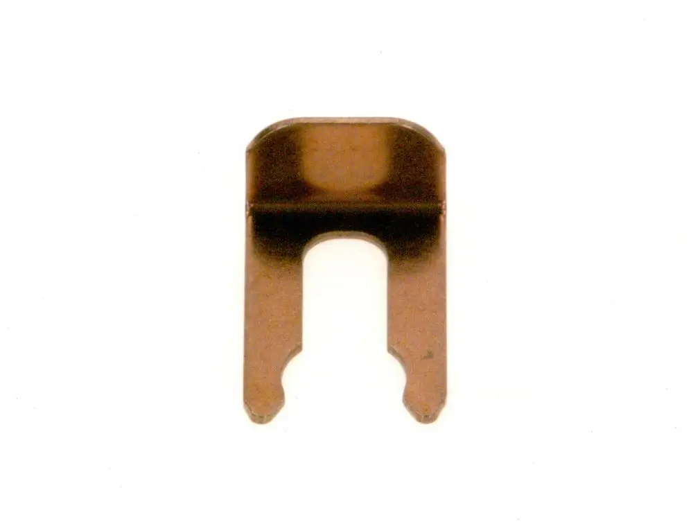 BOSCH Sicherungsklammer in metallischer Farbe, mit zwei seitlichen Einschnitten und oben geschlossener Form, die zur Befestigung oder Sicherung dient.